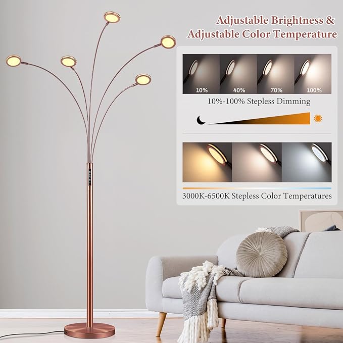 Bairth LED Arc Floor Lamp with Remote, 2250LM Dimmable Floor Lamp with Timer, Adjustable Colors, Brightness & 5 Adjustable Arms, Tall Standing Lamp for Living Room Bedroom, Oil-Rubbed Bronze
