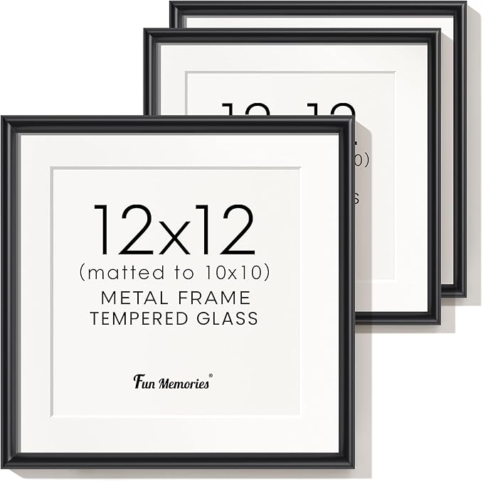 Black Metal Picture Frame 12x12, Square 12 x 12 Picture Frames Set of 3, 12 by 12 Photo Frame Aluminum with Real Glass, Matted to 10x10, Black Wall Gallery Picture Frame 12x12 for Home Decor