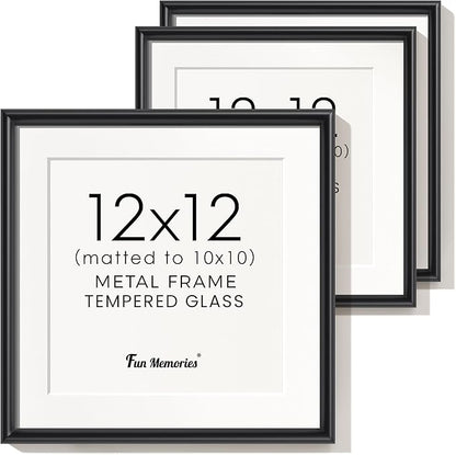 Black Metal Picture Frame 12x12, Square 12 x 12 Picture Frames Set of 3, 12 by 12 Photo Frame Aluminum with Real Glass, Matted to 10x10, Black Wall Gallery Picture Frame 12x12 for Home Decor