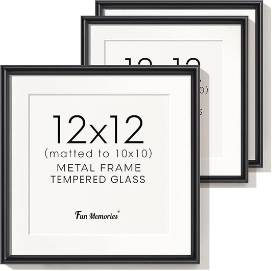 Black Metal Picture Frame 12x12, Square 12 x 12 Picture Frames Set of 3, 12 by 12 Photo Frame Aluminum with Real Glass, Matted to 10x10, Black Wall Gallery Picture Frame 12x12 for Home Decor