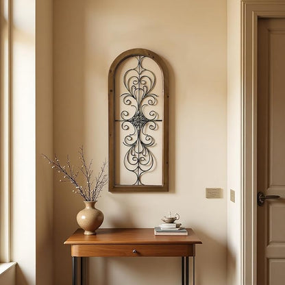 Sintosin Vintage Metal Wall Art for Living Room 13 X 32 Inches, Handmade Distressed Wooden Wall Panels with Carved Wrought Iron above Bed Decor, Farmhouse Wall Decor for Kitchen Entryway