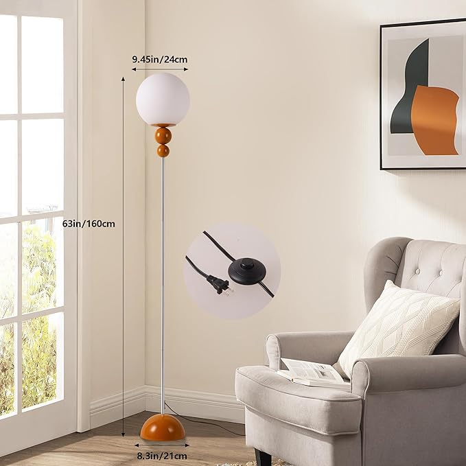 DEC LUCE DECOLUCE LIGHTING Modern Floor Lamps for Living Room, Globe Glass Shade Floor lamp for Bedroom, Standing lamp for Office, Corner(Orange)