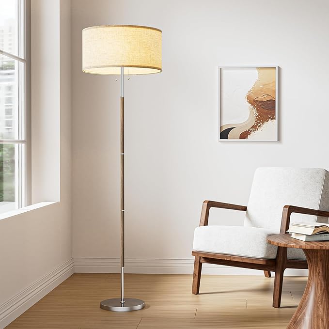 Karjoefar 2-Light Floor Lamp, Mid Century Floor Lamp with Beige Lampshade, Standing Lamp Tall Lamp for Living Room Bedroom, 3 Color Temperatures 9W Bulb Include