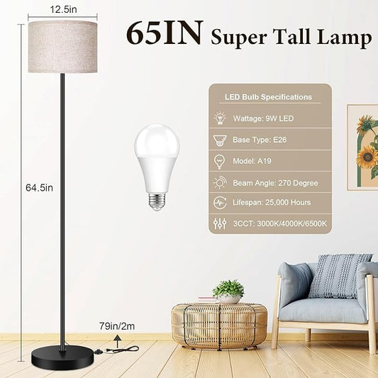 TOBUSA Floor Lamp for Living Room Bedroom with 3CCT LED Bulb, Modern Standing Lamp Drum Shade, 65’’ Tall with Foot Switch Black Pole, Dimmable Simple Design Stand Up Lamp for Home Office Reading