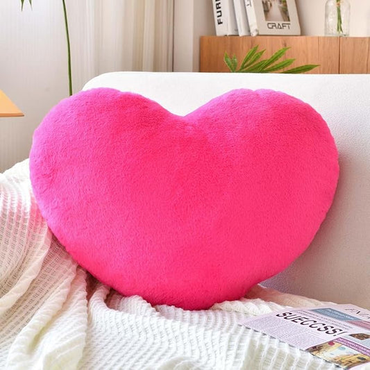 XVTRU Hot Pink Heart Pillows, Cute Heart Decorative Pillow, Heart Shaped Throw Pillows for Bed, Faux Rabbit Fur Plush Hoom Decor Pillow Cushion for Chair Sofa Living Room (Large-19.6"x15.7")