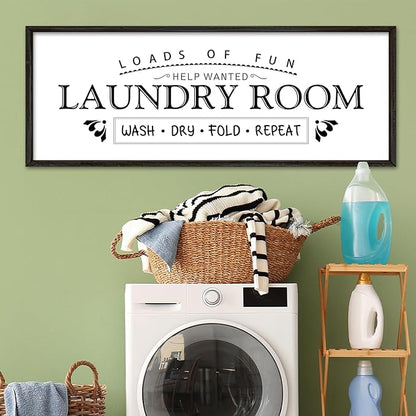 Wash Dry Fold Repeat Wall Decor Art 32"X12" Laundry Room Sign Bathroom Laundry Rules Large Wood Framed Wall Hanging (Black)
