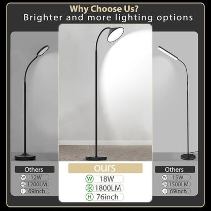 mukuxin 76" LED Floor Lamp, 18W/1800LM Super Bright Reading Standing Lamp,Stepless Dimmable&Adjustable Color Temperature 2700K-6500K w/Remote& Touch Control Lamps for Living Room Bedroom Office Black