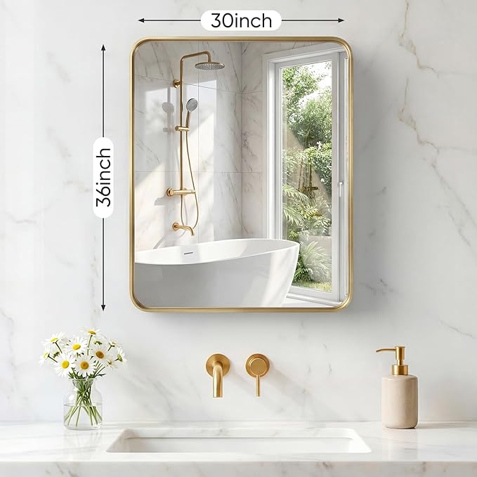 OLIXIS Bathroom Mirror for Over Sink, 30x36 Inch Wall Rounded Rectangle Mirror with Matte Metal Framed, Modern Wall Mount Vanity Mirror for Home Decor, Living Room, Bedroom, Gold