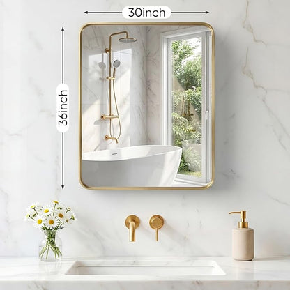 OLIXIS Bathroom Mirror for Over Sink, 30x36 Inch Wall Rounded Rectangle Mirror with Matte Metal Framed, Modern Wall Mount Vanity Mirror for Home Decor, Living Room, Bedroom, Gold