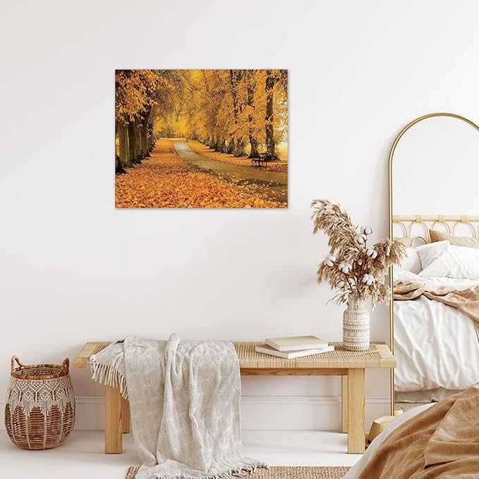 LB Fall Forest Wall Art for Living Room Nature Autumn Orange Maple Leaf Tree Landscape Canvas Wall Decor for Bedroom Office Modern Aesthetic Bathroom Wall Art Framed Ready to Hang 12L x 16W