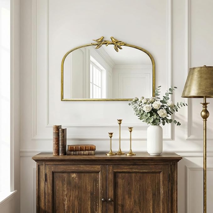 Antique Baroque Vintage Vanity Mirror 20x30Inch, Gold with Ornate Antique Frame, Arched Vintage Wall Mirror for Living Room, Fireplace, Entryway