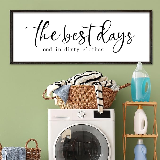 Laundry Room Wall Decor 40"×15" The Best Days End In Dirtiest Clothes Sign Funny Modren Bathroom Large Plaque Wood Framed Wall Hanging Art (Black)