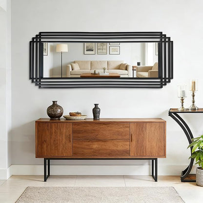 Large Geometric Mirror, 63"x24" Rectangle Art Deco Mirror with Black Metal Frame, Modern Elegant Wall Mirrors for Living Room Bathroom Entryway Hallway, Hangs Vertically or Horizontally