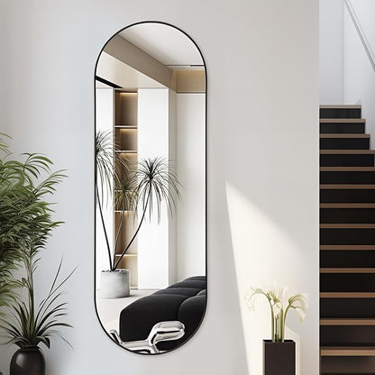Niccy 65"×22" Oval Full Length Mirrors, Long Wall-Mounted Mirror with Aluminum Frame, Large Body Mirrors for Living Room, Explosion-Proof Hanging Wall Mirror for Bathroom Bedroom Entryway Decor, Black