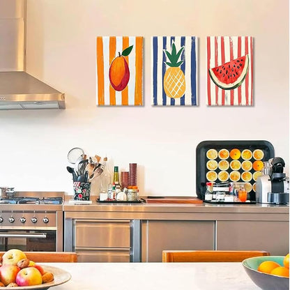 LHHJDIO 3 Piece Trendy Fruit Canvas Wall Art Vintage Kitchen Wall Art Colorful Mango Pineapple Watermelon Pictures Wall Decor Fruit Abstract Art Print for Kitchen Dining Room Living Room 16"x24"