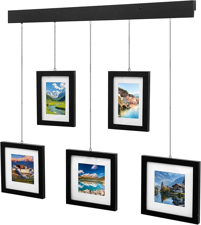 Solid Wood Collage Picture Frame Set of 5, Black Gallery Wall Hanging Frames with Adjustable Metal Chains, Displays Two 5x7 and Three 7x7 Photos,Ideal for Living Room, Hallway and Home Decor