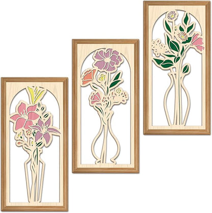 IARTTOP 3 Pcs Boho Flower Vase Wooden Wall Decor Bathroom Floral Farmhouse Decor Botanical Wood Wall Art Spring Flower Artwork for Living Room Bedroom Housewarming Gifts 7.9 x15.8 Inch