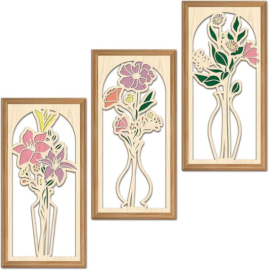 IARTTOP 3 Pcs Boho Flower Vase Wooden Wall Decor Bathroom Floral Farmhouse Decor Botanical Wood Wall Art Spring Flower Artwork for Living Room Bedroom Housewarming Gifts 7.9 x15.8 Inch