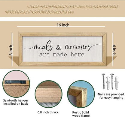 comurdyo Meals and Memories Are Made Here Sign Wall Decor 16"×6" for Dining Room Kitchen Wooden Framed Hanging Wall Art (Wood)