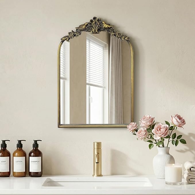 Antique Baroque Vintage Vanity Mirror 22x15Inch, Gold with Ornate Antique Frame, Arched Vintage Wall Mirror for Living Room, Fireplace, Entryway