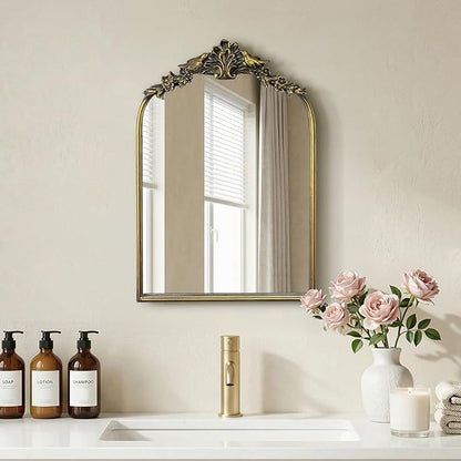 Antique Baroque Vintage Vanity Mirror 22x15Inch, Gold with Ornate Antique Frame, Arched Vintage Wall Mirror for Living Room, Fireplace, Entryway