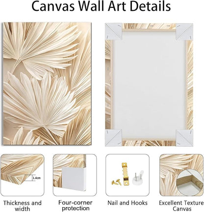 3 Pcs Beige Reeds Botanical Framed Canvas Wall Art Neutral Palm Fronds Wall Paintings Quiet Beach Landscapes Art Prints Picture Home Decor for Bedroom Living Room Office Reay to Hang 12"x16"x3Pcs
