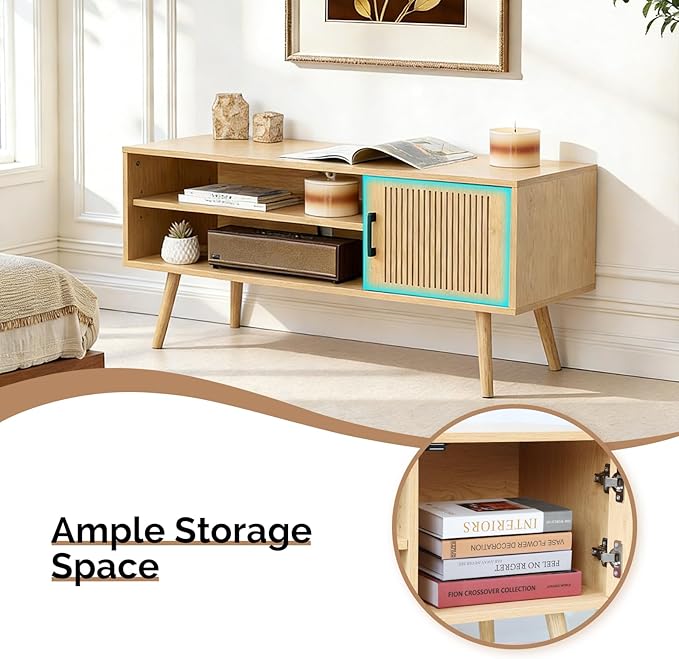 Modern TV Stand for 50 Inch TV, Entertainment Center with Storage Cabinets and Adjustable Shelf, Solid Wood Feet, Cord Holes, Groove Stripe Media TV Console Table for Living Room Bedroom