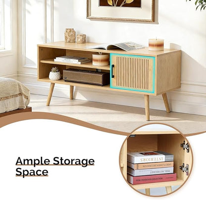 Modern TV Stand for 50 Inch TV, Entertainment Center with Storage Cabinets and Adjustable Shelf, Solid Wood Feet, Cord Holes, Groove Stripe Media TV Console Table for Living Room Bedroom