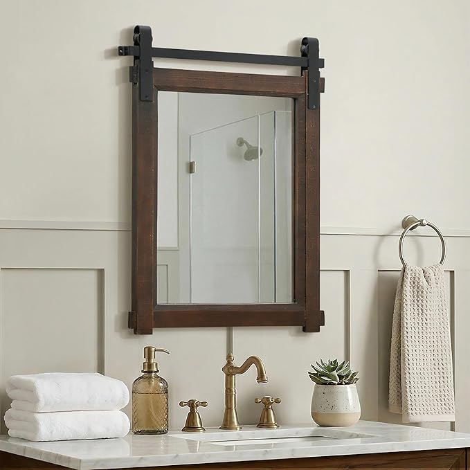 Besdomus Rustic Bathroom Wall Mirror: 22"x30" Brown Barn Door Solid Cedar Wood Frame Vanity Mirror - Farmhouse Decor for Hallway/Living Room/Bathroom Renovation - Wall Decor for Fashion-Conscious