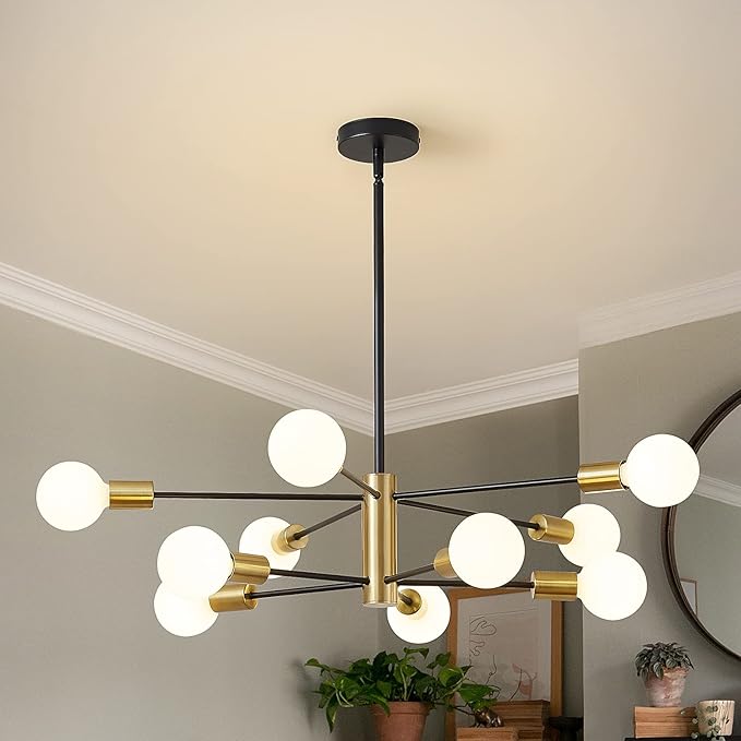 RUIYEY Sputnik Chandeliers Modern Black and Gold Chandeliers 10-Light Mid Century Farmhouse Chandelier Ceiling Light Fixture Height Adustable Pendant Light for Kitchen Island Living Room Dining Room