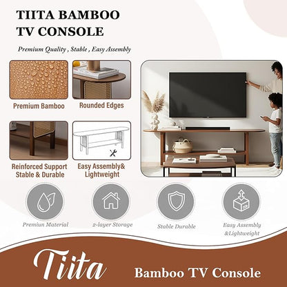 Tiita TV Stand with Storage for TVs up to 65'', Bamboo TV Console Entertainment Center with 2 Open Shelf, Mid Century Modern Media Console for Living Room, Bedroom, Walnut