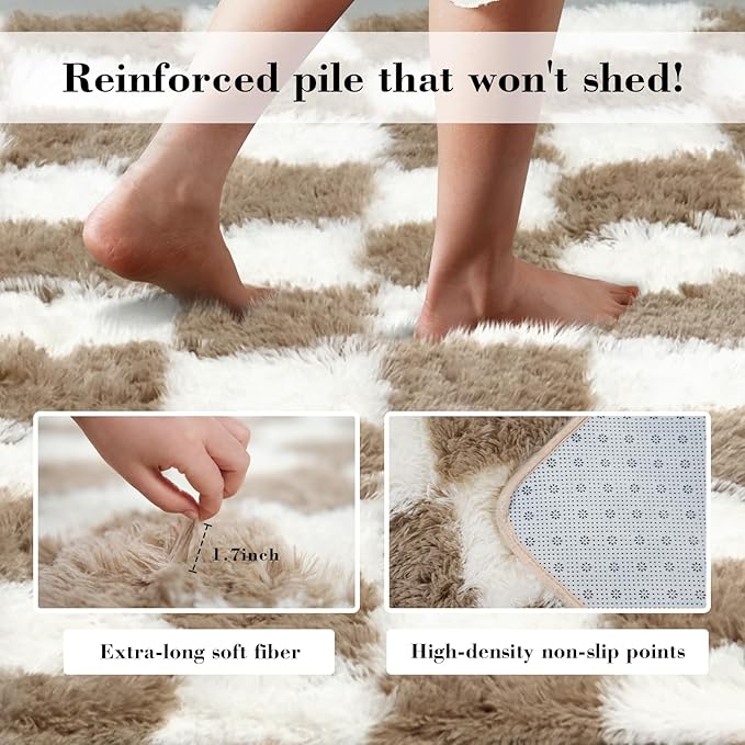 Checkered Rug for Bedroom, 4x6 Beige and White Area Rugs, Classic Checkered Carpets Shag Area Rug, Bedside Rugs for Living Room Bedroom Kids Room Home Decor
