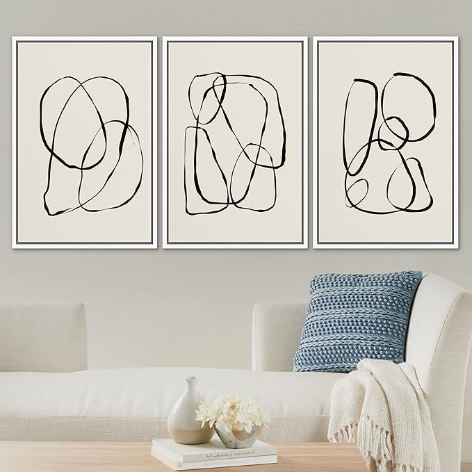 SIGNLEADER Framed Canvas Print Wall Art Set Duotone Geometric Spiral Ring Circle Collage Abstract Shapes Illustrations Modern Art Boho Decorative for Living Room, Bedroom, Office - 16"x24"x3 WHITE