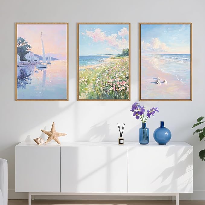 Aryroi Pink Beach Dreamy Coastal Framed Canvas Wall Art Set,Watercolor Colorful Floral Sailboat Seascape Wall Decor,Soft Preppy Pastel Wildflower Artwork for Living Room,Farmhouse- 16"x24"x3