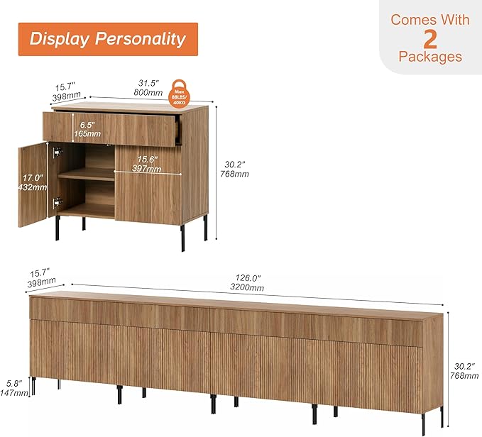 WAMPAT Large Fluted TV Stand TVs up to 120 inch, 126" W Modern TV Entertainment Center with Storage and 4 Drawers & 8 Doors, Wood Media TV Console Table with Storage for Living Room, Light Walnut