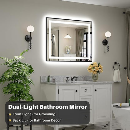 40x32 Inch LED Bathroom Mirror with Black Frame, Backlit & Front Lit, Anti-Fog Lighted Bathroom Vanity Mirror for Wall, Memory Function, Dimmable, HD Tempered Glass, Shatter-Proof