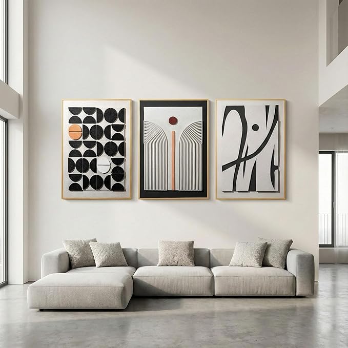 Large 3D Textured Framed Abstract Wall Art for Living Room, 3 Piece Modern Boho Artwork for Walls, Black White Orange Geometric Sandstone Texture Pictures for Hallway Office Home Decor 24x36 In
