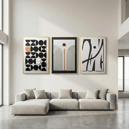 Large 3D Textured Framed Abstract Wall Art for Living Room, 3 Piece Modern Boho Artwork for Walls, Black White Orange Geometric Sandstone Texture Pictures for Hallway Office Home Decor 24x36 In