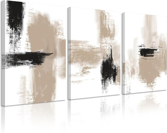 Beige Abstract Wall Art Painting Set of 3 Neutral Canvas Wall Art Prints Black Beige Modern Wall Decor Minimalist Art Pictures Abstract Modern Artwork for Room Bedroom 12x16 Inch Framed