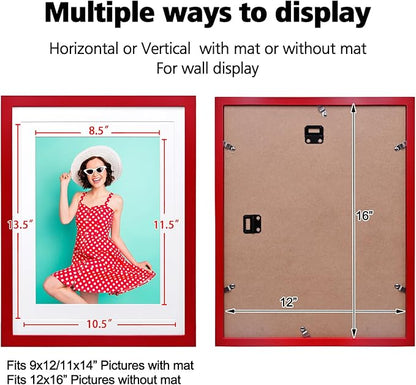 KINLINK 12x16 Picture Frame Red, Solid Wood Frames with Acrylic Plexiglass for Pictures 11x14/9x12 with Mat or 12x16 without Mat, Wall Display Photo Frame, Set of 4