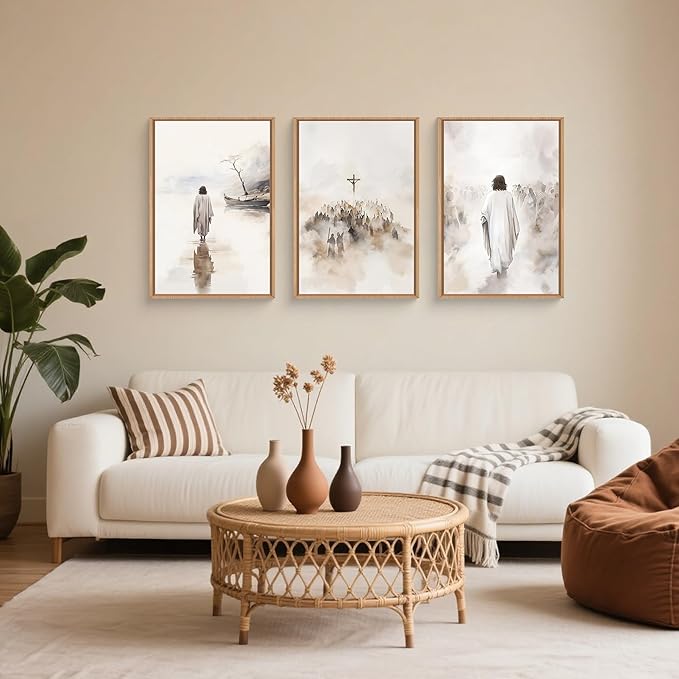 Jesus Christ Easter Framed Canvas Wall Art Set,Religious Christian Bible Verses Crucified Resurrection Wall Decor,Netural Beige Watercolor Artwork for Living Room,Church,Prayer Room - 24"x36"x3