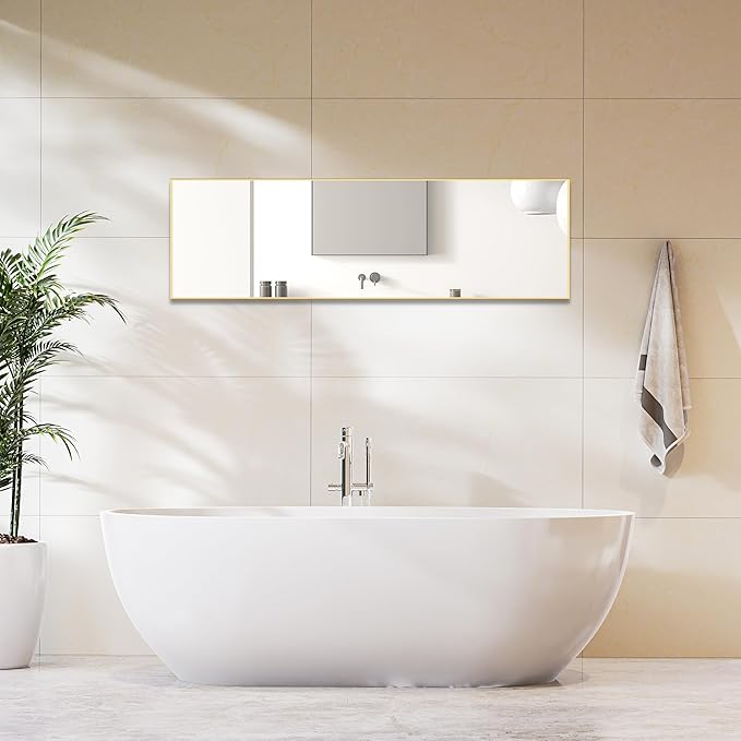 DUMOS Gold Full Length Mirror 59"x16.5" Full Body Floor Mirror for Bedroom or Cloakroom, Can Stand Alone, Hang or Lean Against Wall, Tall Wall Mirror with Stand and Sleek Aluminum Alloy Thin Frame