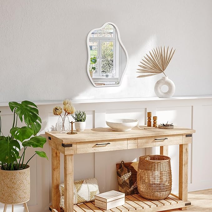 Irregular Mirror for Wall Decor White Modern Asymmetrical Small Mirrors Wooden Framed Hanging Wall Unique Shape Vanity Cloud Mirror Decorative for Living Room Bedroom Bathroom Entryway