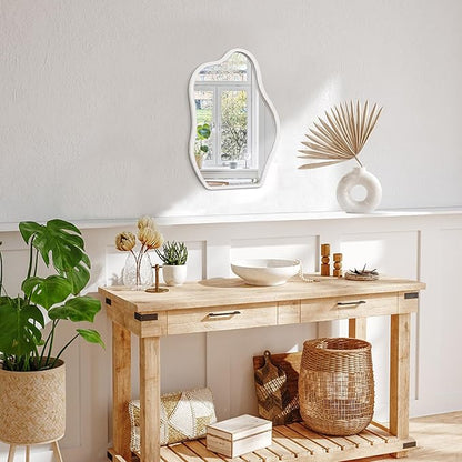 Irregular Mirror for Wall Decor White Modern Asymmetrical Small Mirrors Wooden Framed Hanging Wall Unique Shape Vanity Cloud Mirror Decorative for Living Room Bedroom Bathroom Entryway