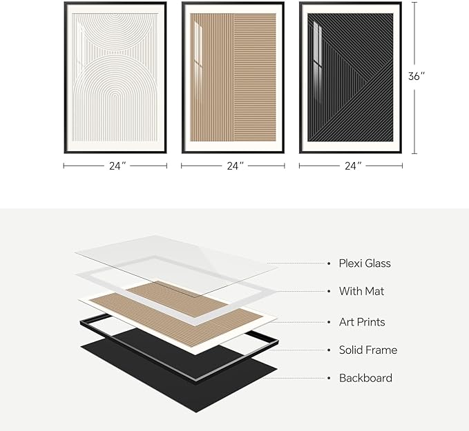 Framed Modern Large Black and White Abstract Wall Art for Living Room, Set of 3 Piece Boho Neutral Minimalist Canvas Paintings Wall Decor Art Prints, Pictures Artwork for Office Dining 24x36 Inch