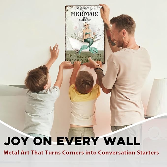 Mermaid Bathroom Tin Sign “Wash Your Tail” - Funny Metal Wall Art, Vintage 8x12 Inch Decor for Seaside, Beach House & Shower Bathroom Toilet Hotel