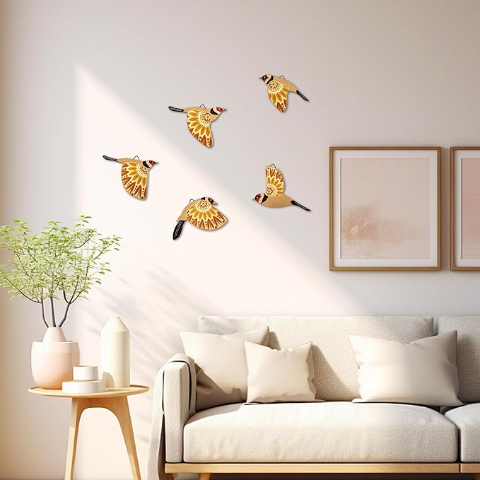 Vumyhuby 5 Pcs Yellow Wooden Bird Wall Art | Rustic Folk Art Wall Decor for Indoor Use | Handcrafted Wood Flying Birds Wall Hangings for Living Room, Bedroom, Kitchen, Office | Scandinavian Home Decor Gift