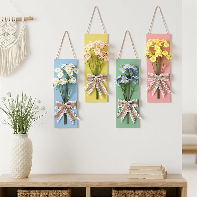 Suncalla 4 Pcs Pastel Daisy Wall Decor Colorful Wooden Summer Artificial Floral Bathroom Wall Art for Living Room, Bedroom, Office Dining Room Decor