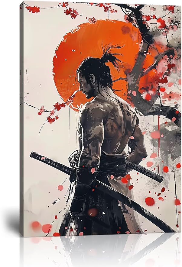 Japan Warrior Wall Art Armored Samurai Painting Canvas Prints Asian Cherry Blossom Picture Modern Watercolor Painting for Bedroom Living Room Office Home Decoration Framed (18''W x 24''H)