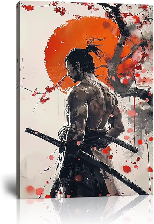 Japan Warrior Wall Art Armored Samurai Painting Canvas Prints Asian Cherry Blossom Picture Modern Watercolor Painting for Bedroom Living Room Office Home Decoration Framed (18''W x 24''H)